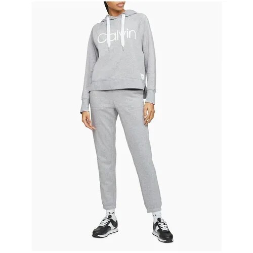 Худи Calvin Klein XL серое с белым лого на груди, белые завязки без флиса Performance Boxy Fit Logo Hoodie