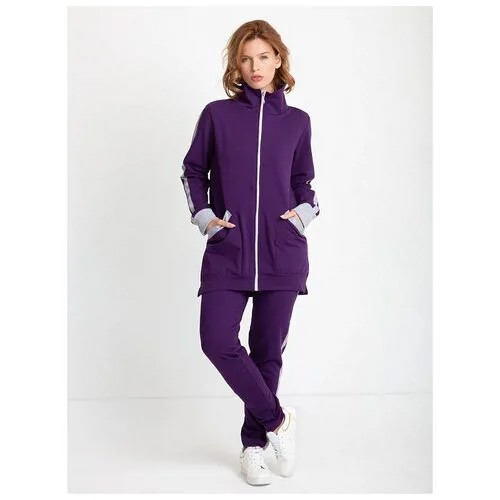 Костюм Lilians, олимпийка и брюки, повседневный стиль, прямой силуэт, карманы, пояс на резинке, манжеты, размер 48, фиолетовый, серый