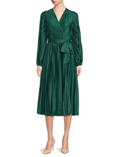 Платье из искусственного запаха со складками и поясом Saks Fifth Avenue, изумруд