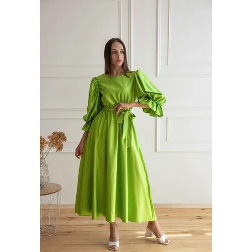 Платье Hot Fashion, трапециевидный силуэт, миди, пояс на резинке, размер M (44RU), зеленый