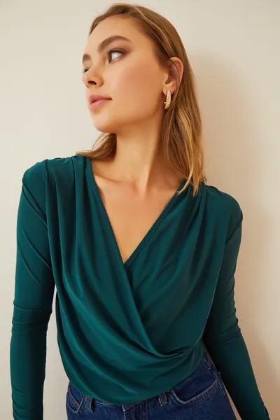 Женская зеленая трикотажная блузка песочного цвета с запахом воротника Happiness İstanbul, зеленый