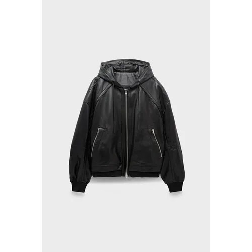 Кожаная куртка JUUN.J lambskin hoodie bomber black, размер 46, черный