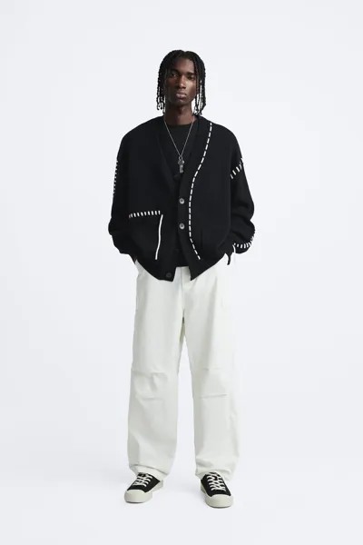 Кардиган с отстрочкой и лентой ZARA, черный