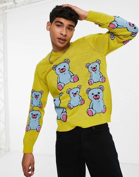 Желтый вязаный джемпер с рисунком плюшевых мишек ASOS DESIGN