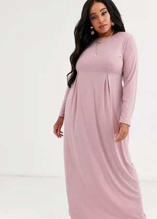 Пыльно-розовое трикотажное платье макси с длинными рукавами и складками Verona Curve-Розовый