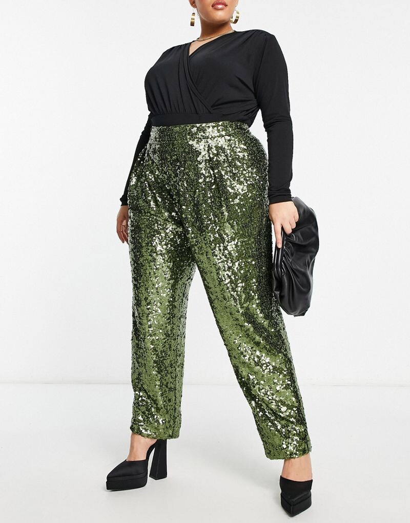ASOS DESIGN Curve – очень свободные брюки цвета хаки с пайетками
