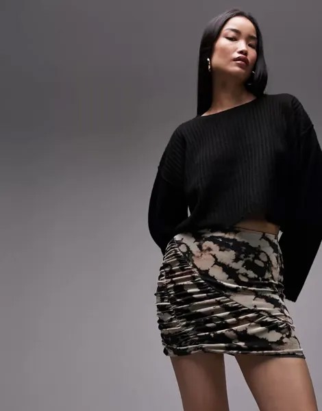 Бархатная мини-юбка Topshop со сборками и разноцветным принтом