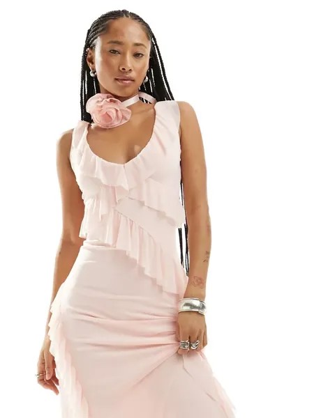 Гламурное платье миди с V-образным вырезом и рюшами светло-розового цвета Glamorous