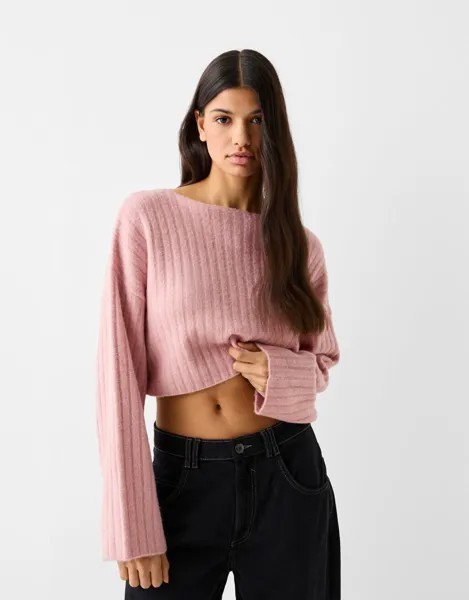 Укороченный свитер в рубчик со спущенными плечами Bershka, розовый