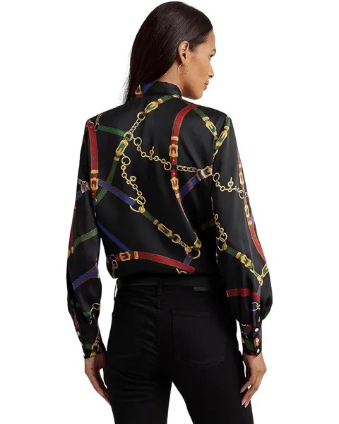 Блуза LAUREN Ralph Lauren Petite Belting-Print Twill Tie-Neck Blouse, цвет Black/Blue Multi