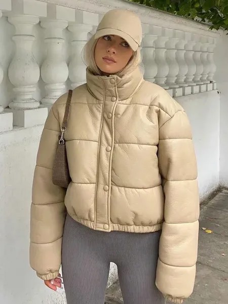 Milanoo Puffer Coats For Women Warmth Preservation High Collar Buttons Zipper Long Sleeves Apricot C