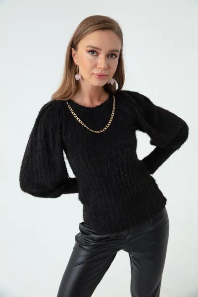 Женский меховой свитер черного цвета с цепочкой Lafaba, черный