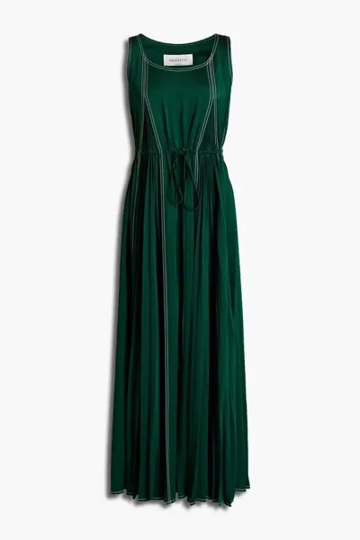 Плиссированное платье макси из атласного крепа с прострочкой Valentino Garavani, зеленый лес