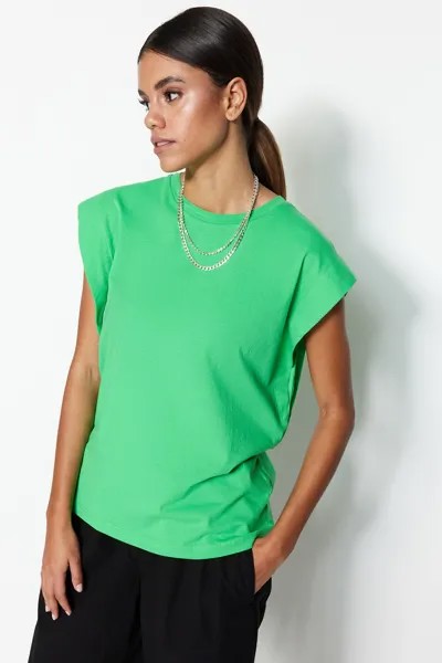 Базовая трикотажная футболка из 100% хлопковой ваты тропического зеленого цвета с круглым вырезом Trendyol, зеленый
