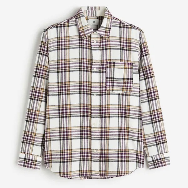 Рубашка H&M Regular Fit Flannel, белый/фиолетовый