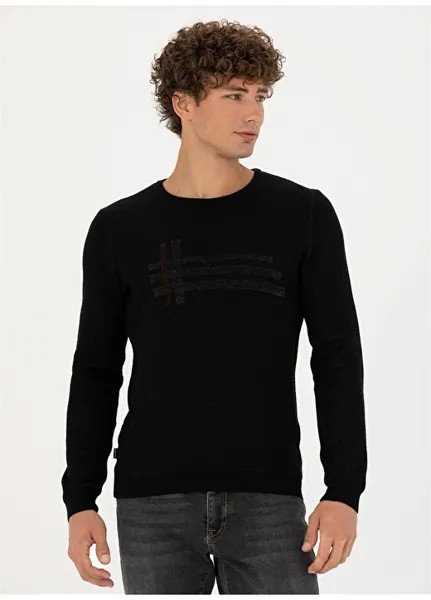 Черный мужской жаккардовый свитер с круглым вырезом Pierre Cardin