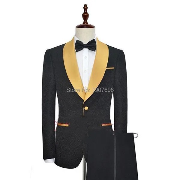 Черный цветочный облегающий мужской костюм для свадьбы смокинг для жениха с золотой шалью лацканами жаккардовый комплект из двух предмето...