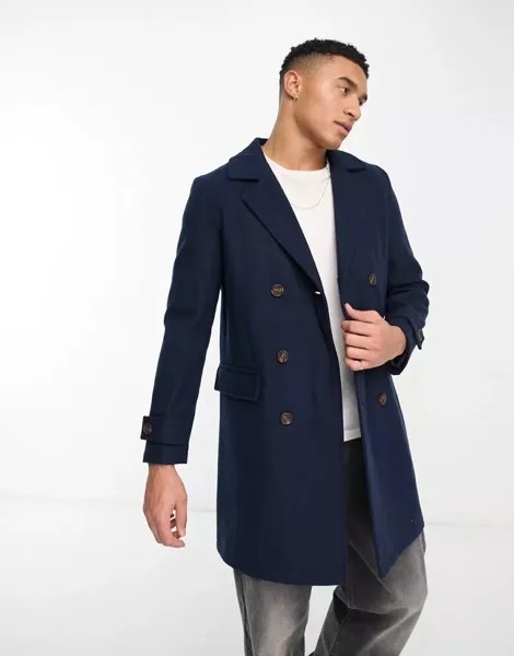 Темно-синее двубортное пальто из смесовой шерсти Original Penguin