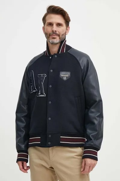 Куртка-бомбер из смесовой шерсти Armani Exchange, темно-синий