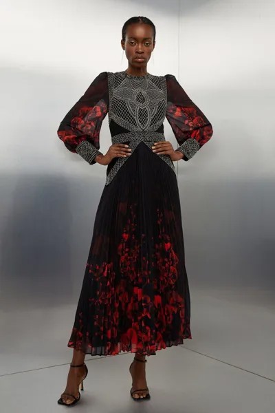 Плиссированное тканое платье-миди с длинными рукавами и украшением Karen Millen, красный