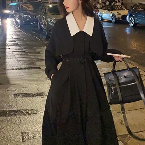 Элегантная черная миди рубашка платье женщины готическое цельное платье корейская мода Y2k винтаж тренч платье офис леди осень 2021 шик