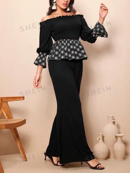 SHEIN Топ с открытыми плечами и широкими брюками в стиле пэчворк Mulvari с цветочной вышивкой, черный