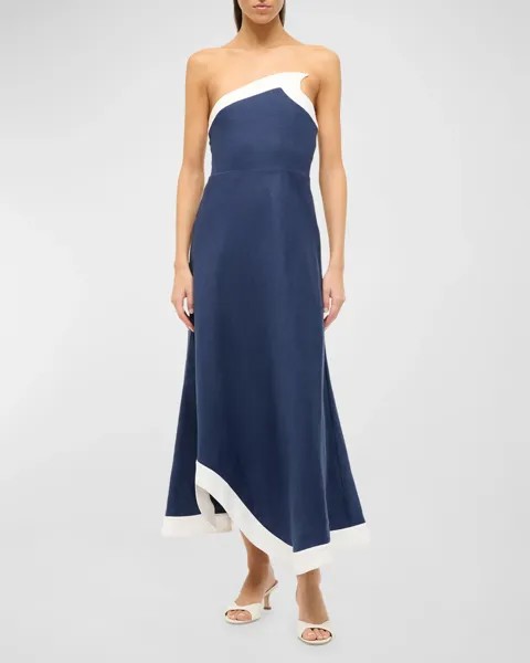 Двухцветное льняное платье миди Sirani без бретелек STAUD, цвет Navy White