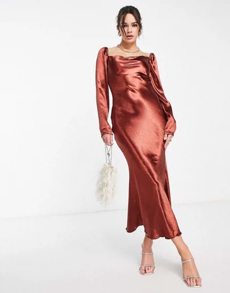 Шоколадно-коричневое атласное платье миди со свободным воротом Urban Threads-Коричневый цвет