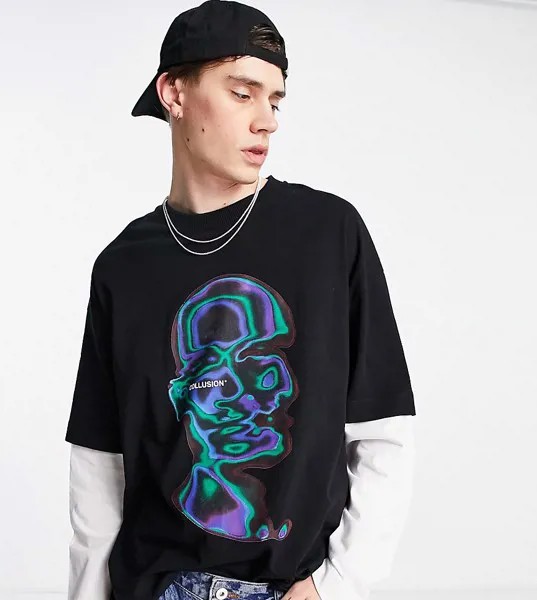 Черный лонгслив в стиле oversized с принтом и двухслойным эффектом COLLUSION