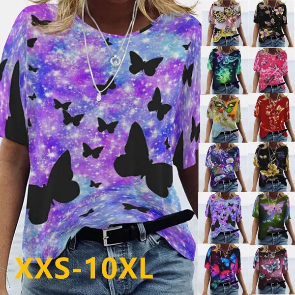 XXS-10XL Плюс Размер Женщины Лето Бабочка Цветочный Принт Круглый Шея Повседневная Свободная Короткая Рукав Топ