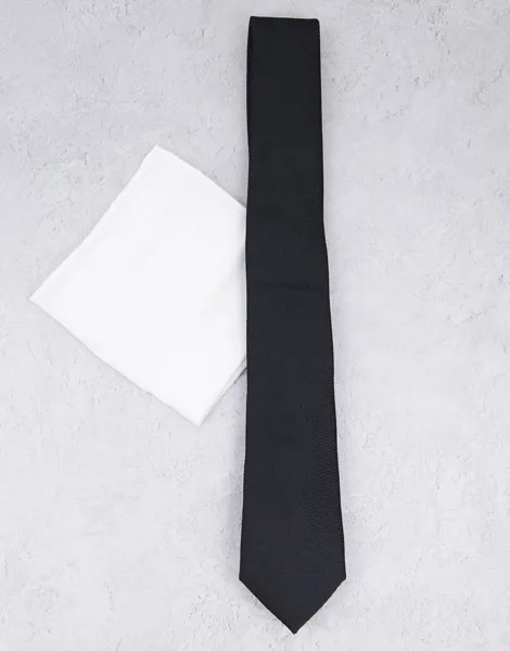 Черный галстук с белым платком для нагрудного кармана Topman-Черный цвет