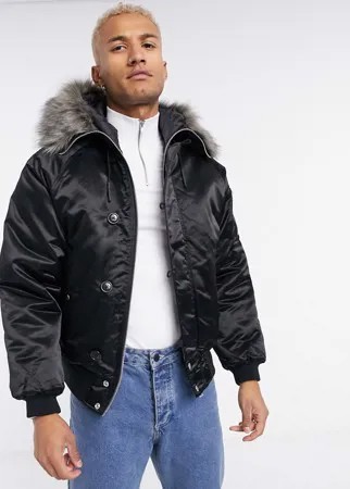 Черный дутый бомбер с искусственным мехом на капюшоне ASOS DESIGN