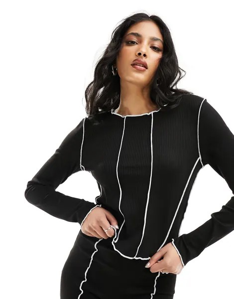Лонгслив Pieces Ribbed Co-ord With Contrast Stich, черный