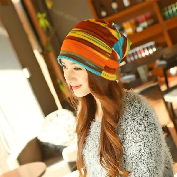 Женщины Мода Тюрбан Осень Зима Теплый головной убор Шапки Шляпа Красочный полосатый шарф Тренж