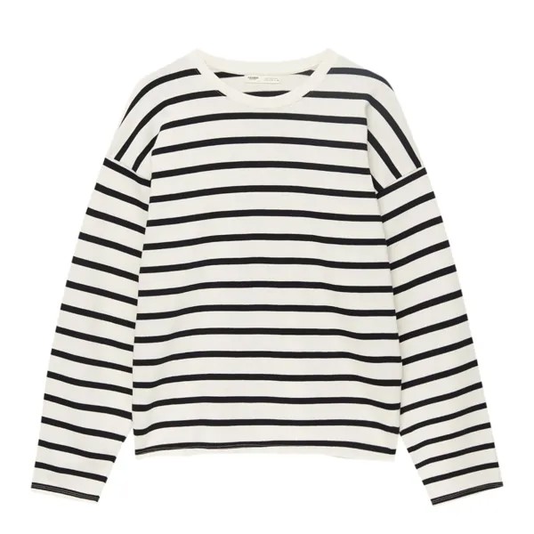 Лонгслив Pull&Bear Basic Long Sleeve Stripe, черный/кремовый