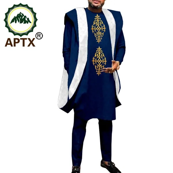 APTX Agbada костюм для мужчин Дашики комплект из 3 предметов халат + блузка + брюки полиэстер материал свадьба Повседневная одежда TA2016044