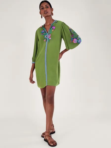 Мини-платье-туника с вышивкой птиц и цветов Monsoon Kaitlyn, зеленое