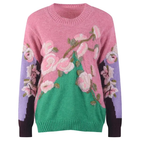 Осенне-зимние пуловеры контрастных цветов с цветочной вышивкой для женщин, женские топы, корейский женский джемпер