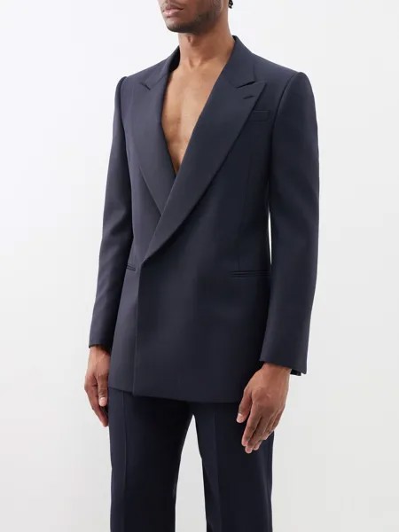 Двубортный костюмный пиджак из смесовой шерсти с остроконечными лацканами Alexander McQueen, синий