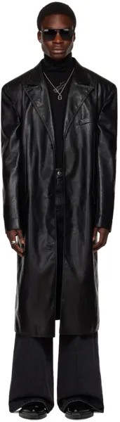 Черное кожаное пальто с остроконечными лацканами LU'U DAN