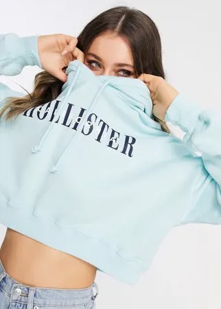 Укороченный худи синего цвета с логотипом Hollister-Голубой