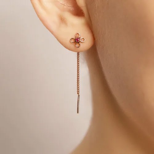 Серьги цепочки CORDE СПр-16-3рз, серебро, 925 проба, золочение, рубин, размер/диаметр 8 мм., длина 5 см., золотой, розовый