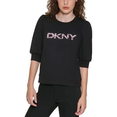 Женская черная толстовка с пышными рукавами и логотипом DKNY, расшитая блестками, Loungewear XS BHFO 8036