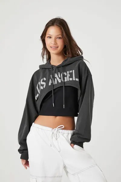 Укороченное худи с рисунком Los Angeles Forever 21, угольный