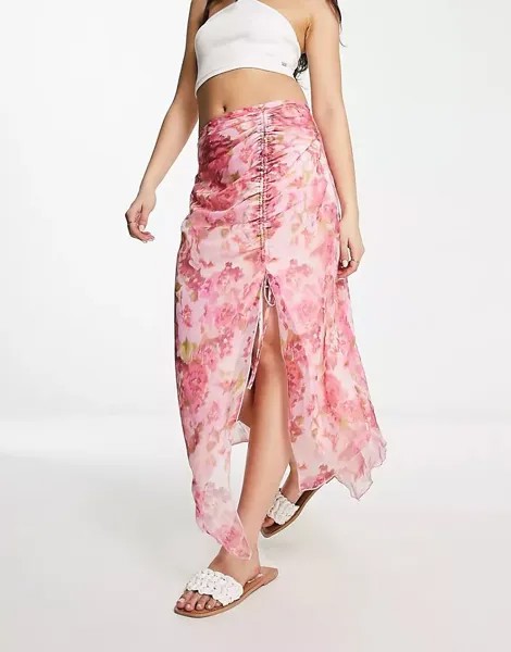 Юбка Stradivarius Ruched Mesh Midi In Floral Print, розовый