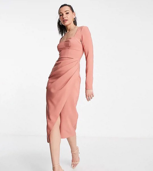 Терракотовое платье миди с вырезом сердечком, сборками и запахом на юбке ASOS DESIGN Tall-Розовый цвет