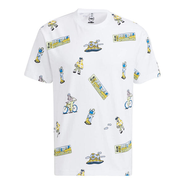 Футболка Men's adidas neo Funny Cartoon Full Print Casual Round Neck Short Sleeve White T-Shirt, мультиколор