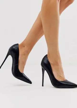 Черные туфли-лодочки на каблуке-шпильке со змеиным принтом ASOS DESIGN - Penelope-Черный