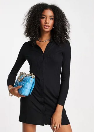 Черное платье-рубашка мини в рубчик с длинными рукавами Vero Moda AWARE-Черный цвет