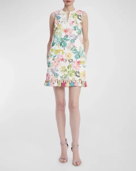 Мини-платье с кисточками и цветочным принтом из бисера Badgley Mischka Collection, цвет White Multi